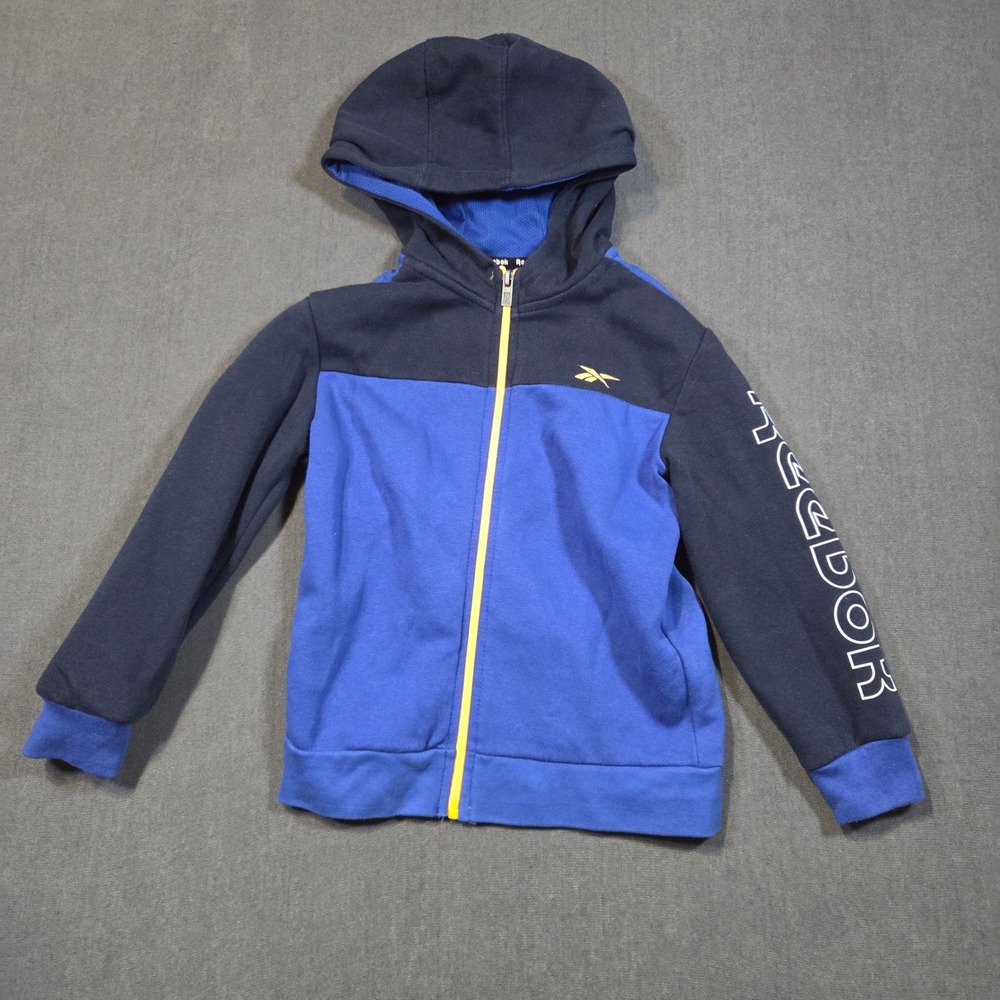 Reebok Full Zip Hoodie Boys Medium/6 Blue Colorblock Logo Active Sweatshirt